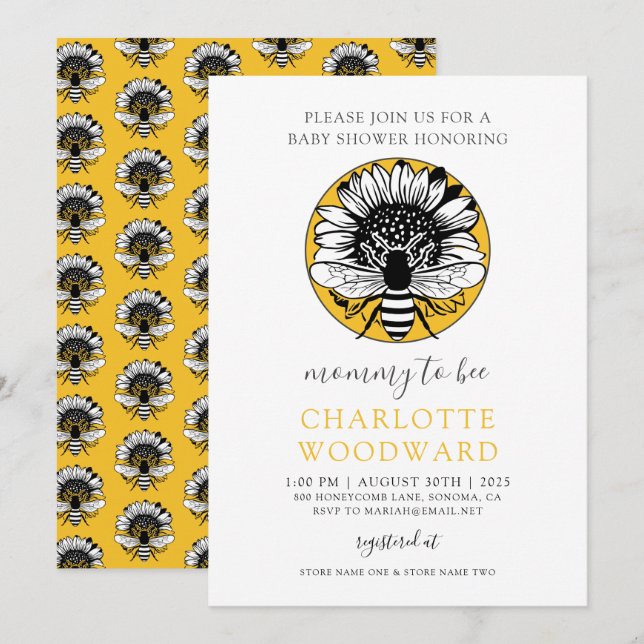 Invitation Maman À Abeille Miel Abeille Baby shower de tourne (Devant / Derrière)