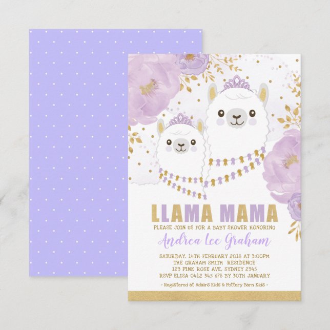 Invitation Maman baby shower de lama/fiesta florale or (Devant / Derrière)