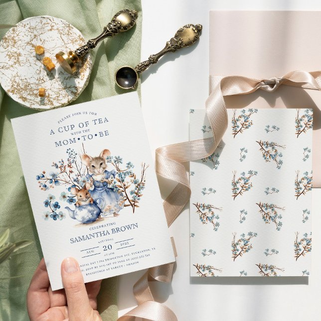 Invitation Maman & Baby Souris Fleur sauvage bleu Baby shower (Créateur téléchargé)