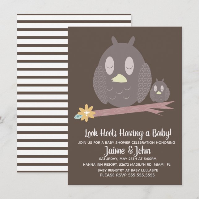Invitation Maman et Baby Owl Woods Baby shower Révélation de  (Devant / Derrière)