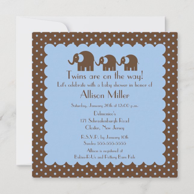 Invitation Maman et baby shower jumeau de garçon d'éléphants (Devant)