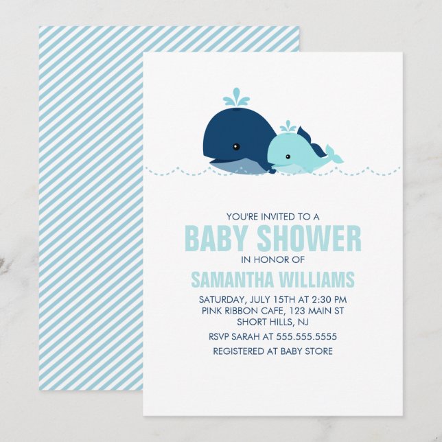 Invitation Maman et Baby Whale Baby shower {blue} (Devant / Derrière)