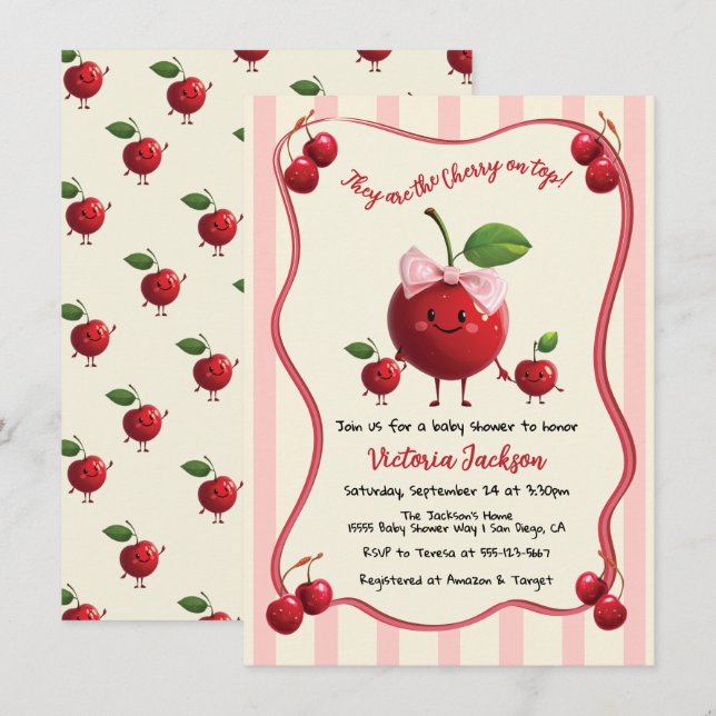 Invitation Maman et jumeaux Baby Cherry Baby shower (Devant / Derrière)