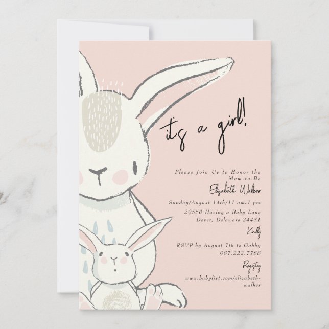 Invitation Maman et moi Baby shower rose lapin (Devant)