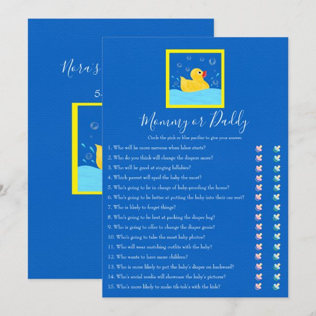 Invitation Maman et papa Rubber Ducky Baby shower Jeu (Devant / Derrière)