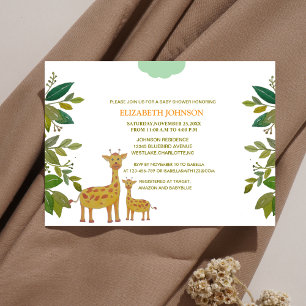 Invitation maman et petite girafe avec baby shower verdoyant