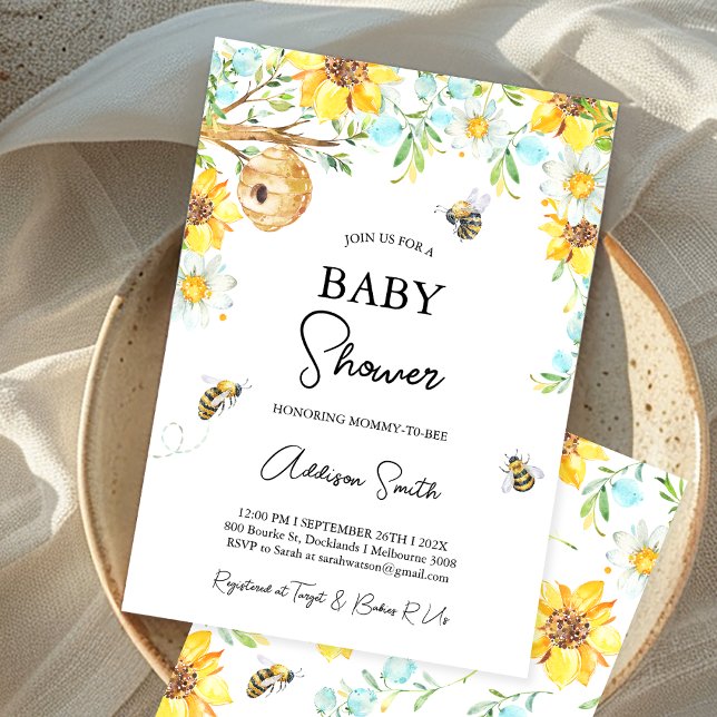 Invitation Maman Florale Jaune Bleu À Être Baby shower (Boys Mommy-To-Bee Bee Themed Baby Shower Invitation Floral Bumble Bee baby Shower Invite, Honey Bee)