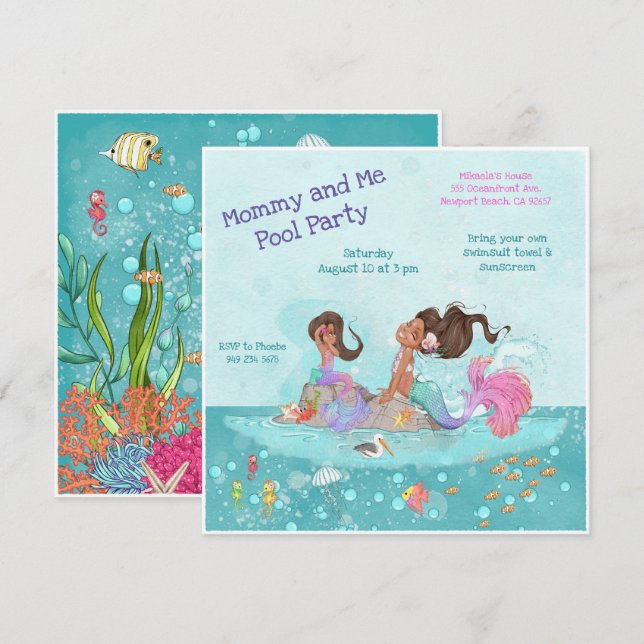 Invitation Maman & Me Pool Girly Turquoise rose sirènes (Devant / Derrière)