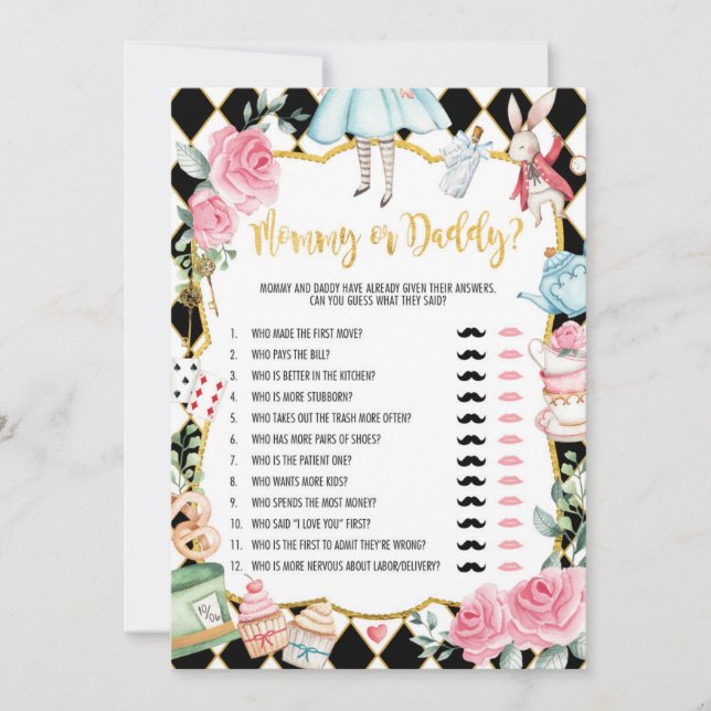 Invitation Maman ou papa | Alice dans le jeu de Baby shower d (Devant)