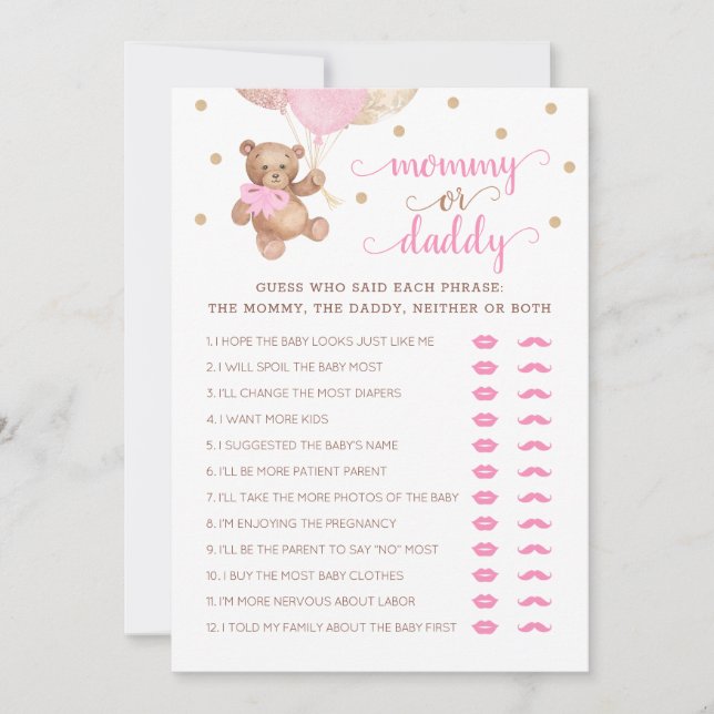 Invitation Maman ou papa Jeu Baby shower Teddy Bear (Devant)