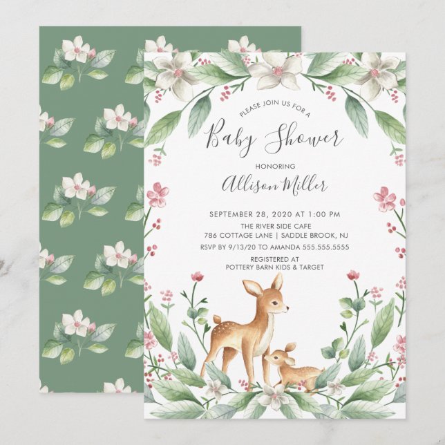 Invitation Maman & Sweet Baby Deer Baby shower neutre (Devant / Derrière)