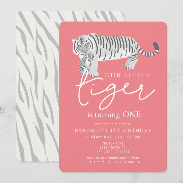 Invitation Maman Tiger & Cub Modern Pink 1er anniversaire (Devant / Derrière)