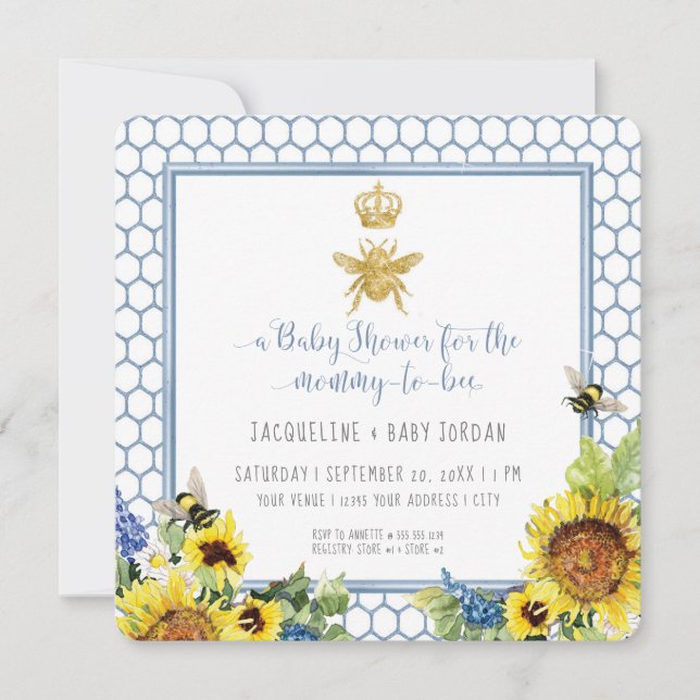 Invitation Maman to Bee Bumblebee Sunflower Gold QR Code bébé (Devant)