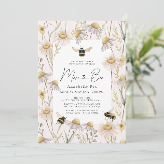 Invitation Maman to Bee Chamomile & Daisies Baby shower rose (Debout devant)