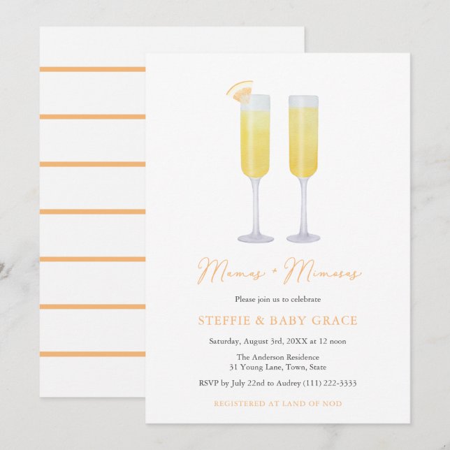 Invitation Mamas et Mimosas Momosa Baby shower ou Sip & See (Devant / Derrière)