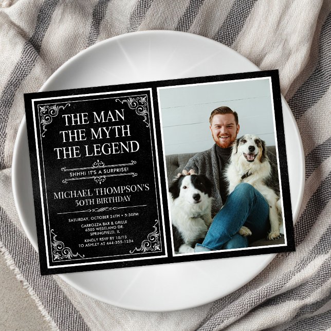 Invitation Man Myth Legend Black Surprise 50th Birthday Photo (Créateur téléchargé)