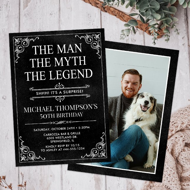 Invitation Man Myth Legend Black Surprise 50th Birthday Photo (Créateur téléchargé)