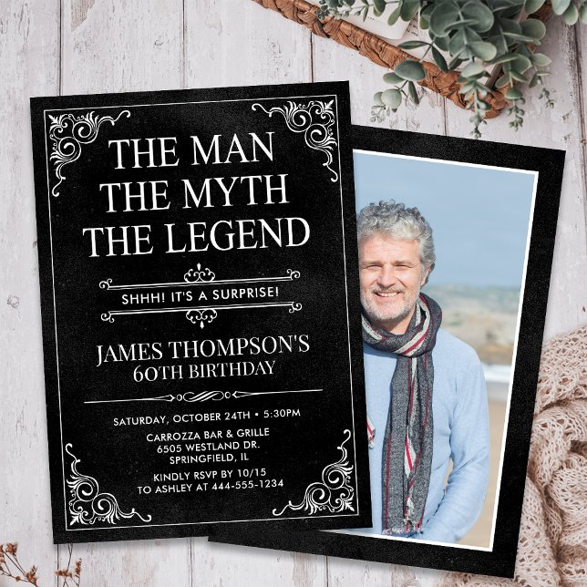 Invitation Man Myth Legend Black Surprise 60th Birthday Photo (Créateur téléchargé)