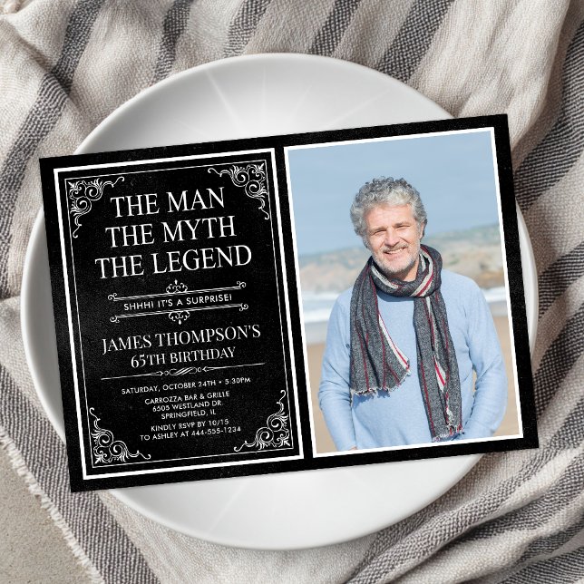 Invitation Man Myth Legend Black Surprise 65th Birthday Photo (Créateur téléchargé)