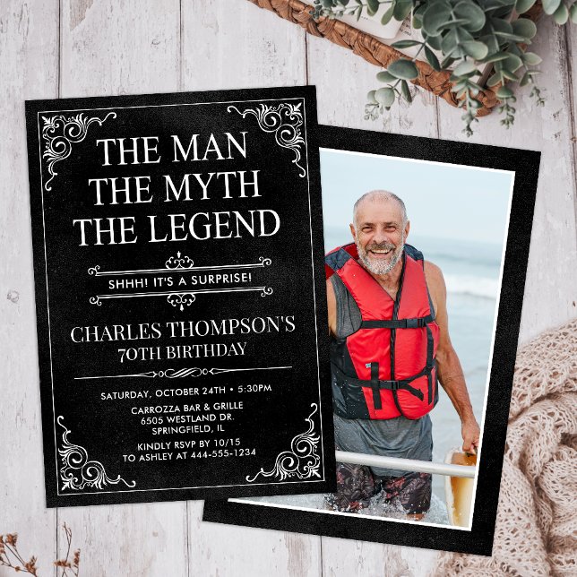 Invitation Man Myth Legend Black Surprise 70th Birthday Photo (Créateur téléchargé)