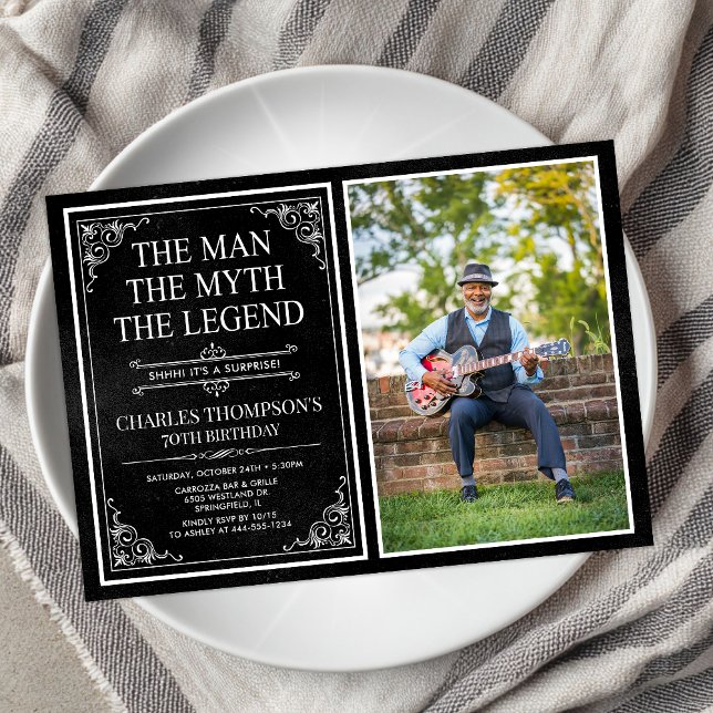 Invitation Man Myth Legend Black Surprise 70th Birthday Photo (Créateur téléchargé)