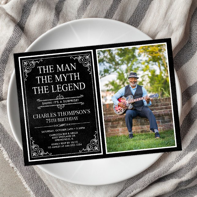 Invitation Man Myth Legend Black Surprise 75th Birthday Photo (Créateur téléchargé)