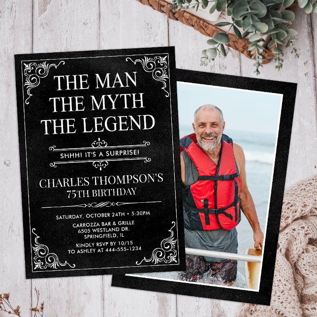 Invitation Man Myth Legend Black Surprise 75th Birthday Photo (Créateur téléchargé)