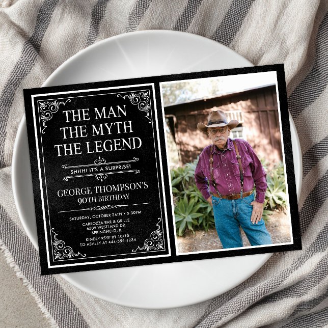 Invitation Man Myth Legend Black Surprise 90th Birthday Photo (Créateur téléchargé)