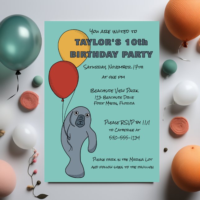 Invitation Manatee et Ballons fête d'anniversaire personnalis (Créateur téléchargé)