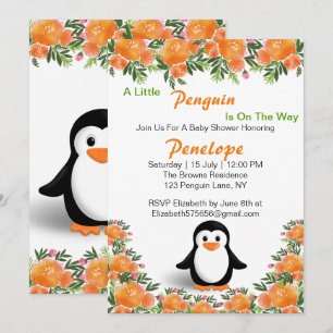 Invitation Manchot noir et orange   Fleurs orange et vert