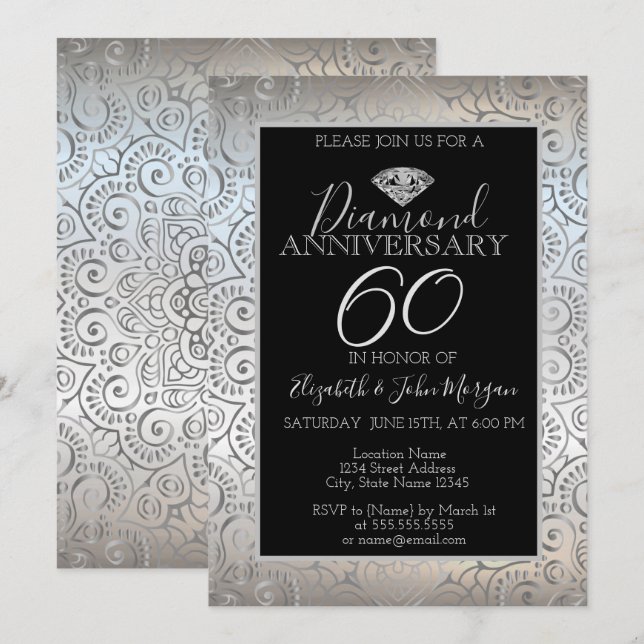 Invitation Mandala argent Anniversaire de mariage diamant (Devant / Derrière)