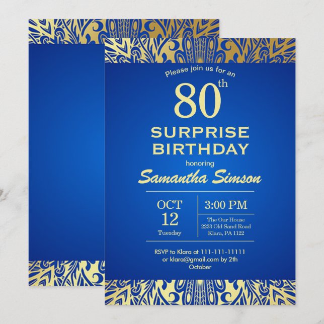 Invitation Mandala Bleu Avec Or 80ème Anniversaire (Devant / Derrière)