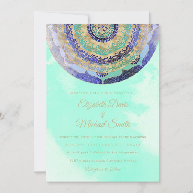 Invitation Mandala bleu or aquarelle (Devant)