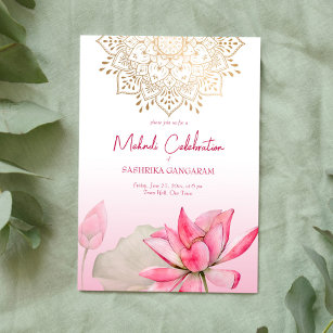 Invitation Mandala d'or de lotus rose mariage indien