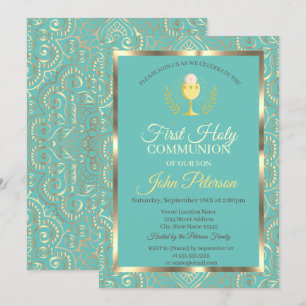 Invitation Mandala doré Première communion verte menthe