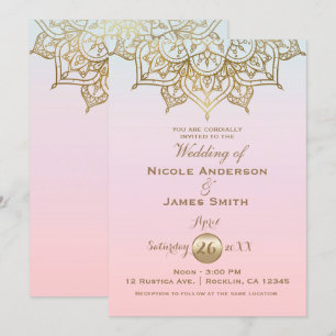Invitation Mandala doré rose pêche élégant mariage moderne