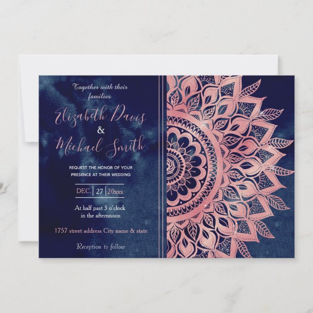 Invitation Mandala Floral Rose Bleu Féminin (Devant)