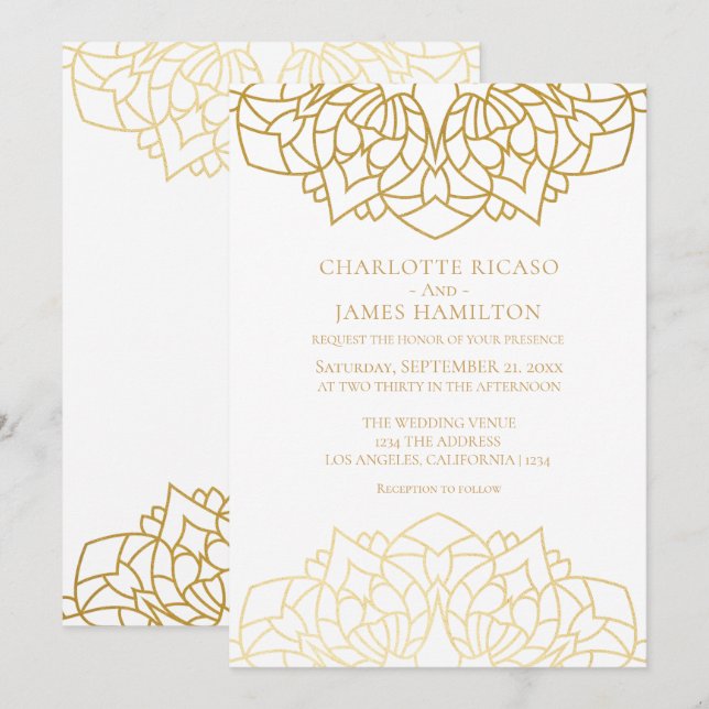 Invitation Mandala Gold Motif blanc Mariage personnalisé (Devant / Derrière)