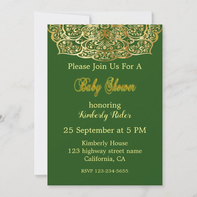 Invitation Mandala Gold sur l'invitation au Baby shower vert (Devant)