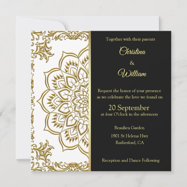 Invitation Mandala Or Et Mariage Noir (Devant)