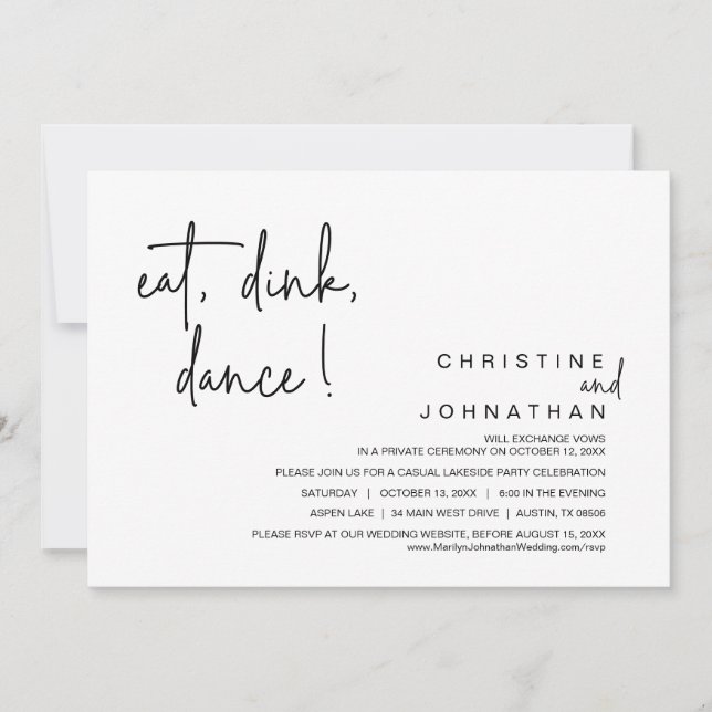 Invitation Manger, Boire, Danse, Parti Elopement Mariage Déco (Devant)