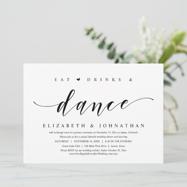Invitation Manger, boire et danser, Mariage Elopement Party I (Debout devant)