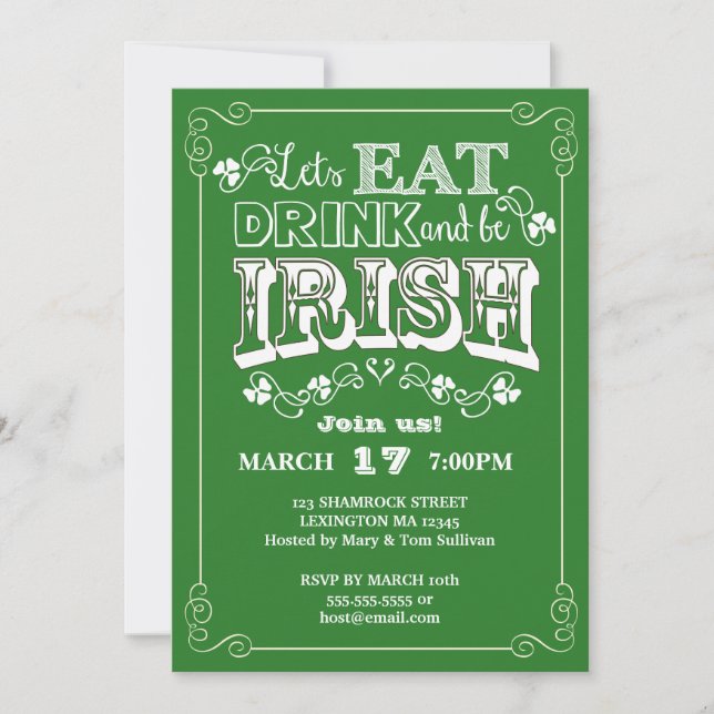 Invitation Manger, boire et être irlandais St. Patrick's Day  (Devant)