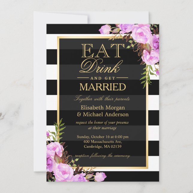 Invitation MANGER Boire et être marié Purple Floral Mariage (Devant)