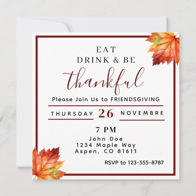 Invitation manger boire et être reconnaissant Friendsgiving  (Devant)