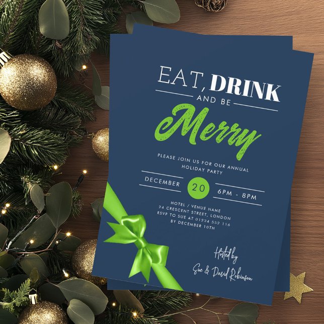 Invitation Manger moderne, Boire Soyez Joyeux Noël Green Ribb (Créateur téléchargé)