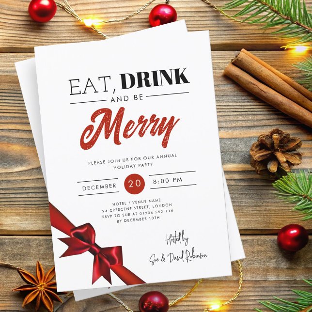Invitation Manger moderne, Boire Soyez Joyeux Noël Ruban Roug (Modern Eat, Drink Be Merry Xmas Red Ribbon Invitation)