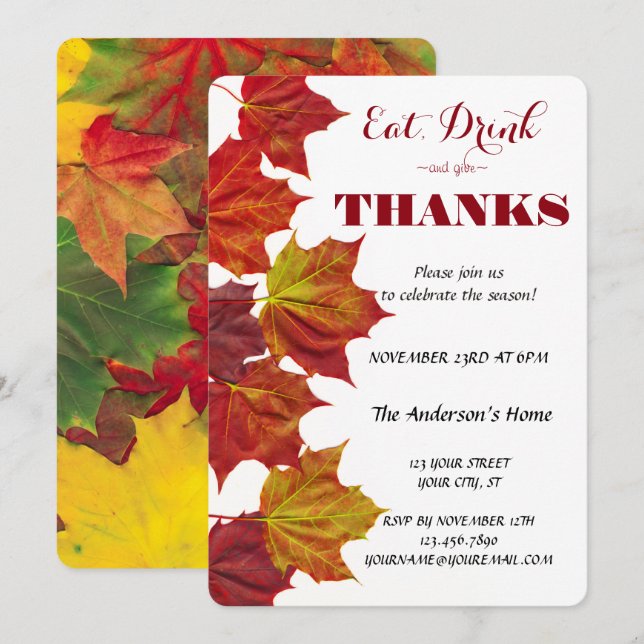 Invitation Mangez Boire & Donnez Merci Feuilles d'Automne Cél (Devant / Derrière)