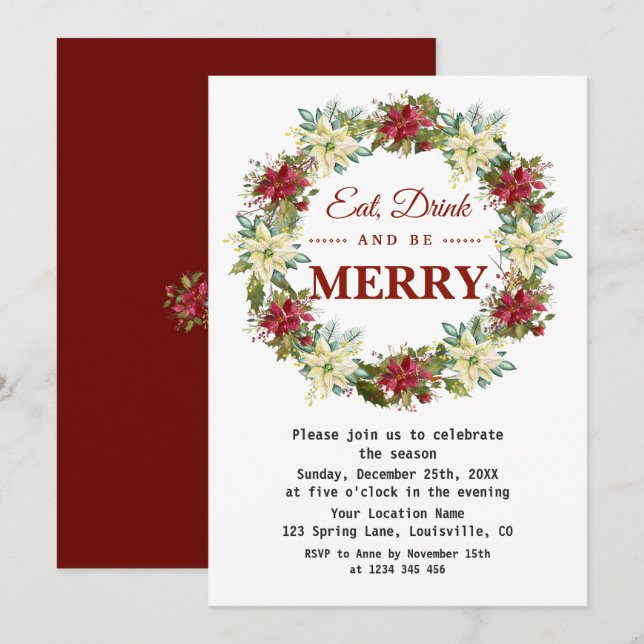 Invitation Mangez Boire et être Joyeux Fête de Noël Floral (Devant / Derrière)