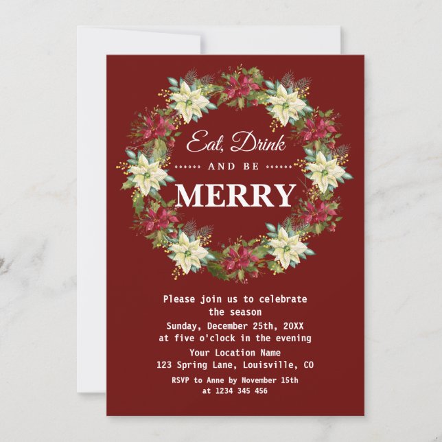 Invitation Mangez Boire et être Joyeux Poinsettia fête de Noë (Devant)